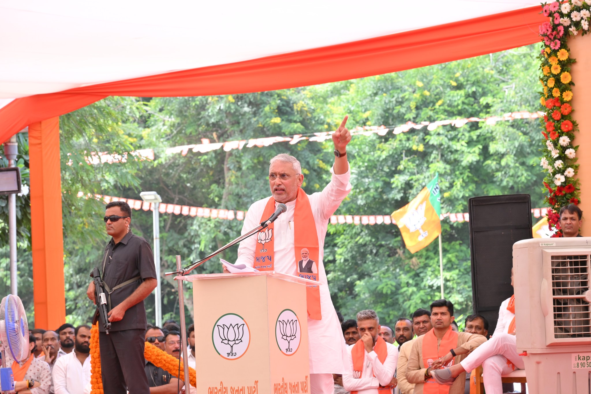 “Jagdish Vishvakarma addressing party members after his appointment as Gujarat BJP President.”