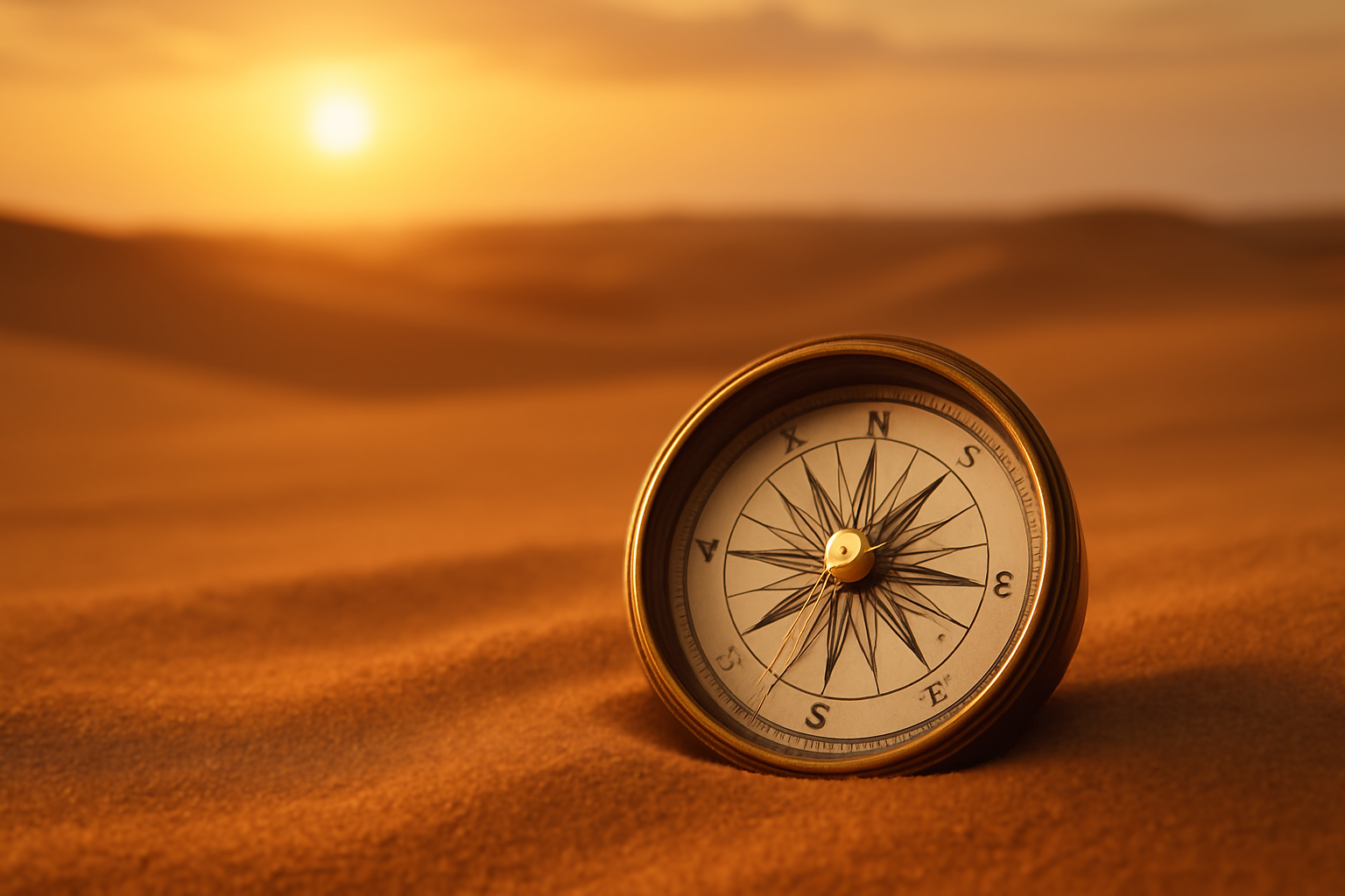 A vintage brass compass resting on soft golden desert sand under a warm sunset, symbolizing direction, purpose, and inner guidance — inspired by Paulo Coelho’s The Alchemist and featured in Vinod Dave’s Gratitude Series on REVOI