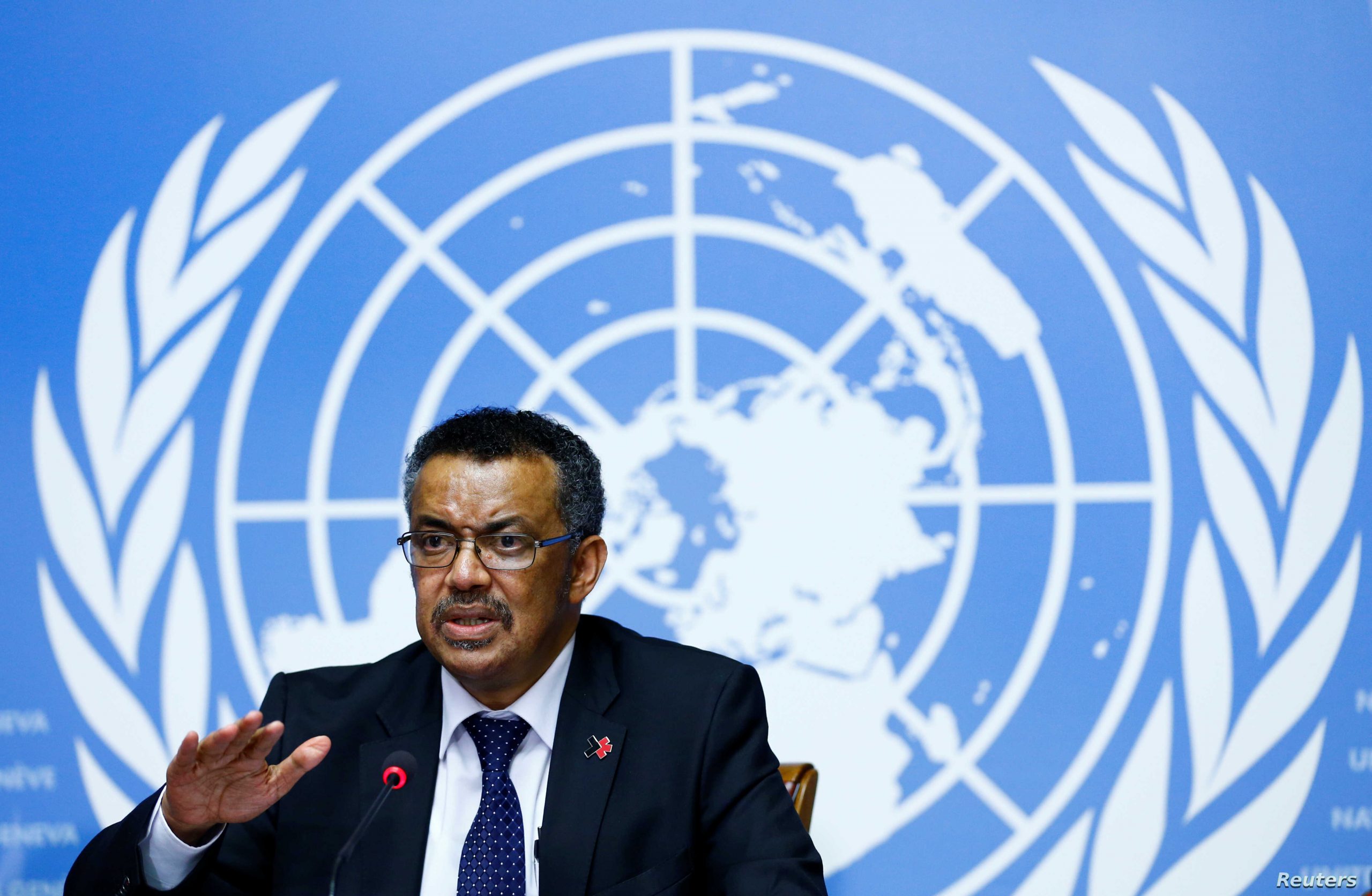 Newly elected Director-General of the WHO Tedros attends a news conference at the United Nations in Geneva