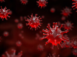 Coronavirus -nCov virus close up defocus red background virus cells influenza as dangerous asian pandemic virus close up 3d rendering