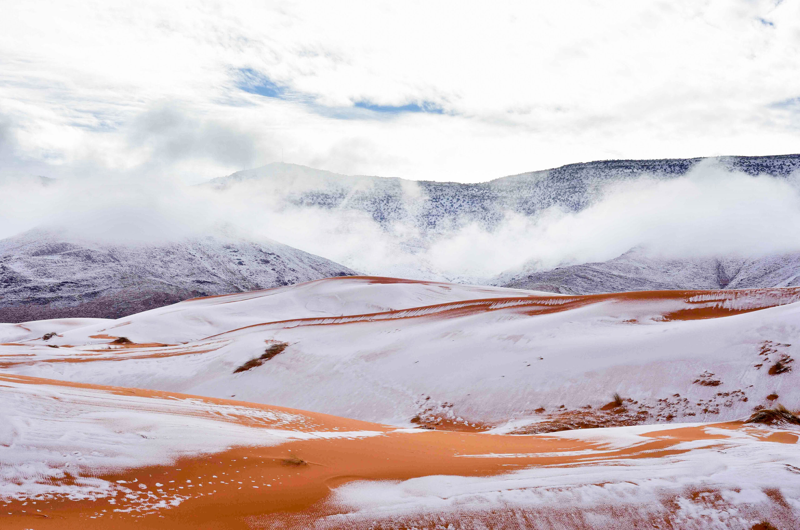 Snow-Clad Dunes Witnessed in the Sahara Desert