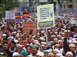 Muslims take part in a procession after Friday prayer to protest against the blasphemous comments on Prophet Mohammed by the members of the Indian Bharatiya Janata Party, in Dhaka