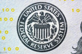 Close up of FEDERAL RESERVE SYSTEM seal on US dollar bill (banknote)