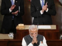 India Prime Minister Modi bows while addressing joint meeting of U.S. Congress on Capitol Hill in Washington