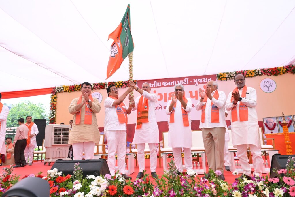 “Jagdish Vishvakarma during the announcement ceremony at Shri Kamalam, after being appointed as President of Gujarat BJP on October 4, 2025.”