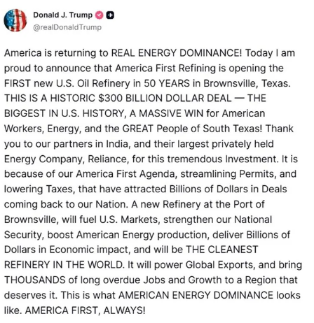 First US refinery in 50 yrs: Trump thanks India’s Reliance, which is yet to comment