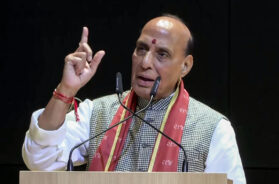 Union Defence Minister Rajnath Singh speaks during the inauguration of the 11-acre Shrimad Rajchandra Sarvamangal Centre of Excellence for Women