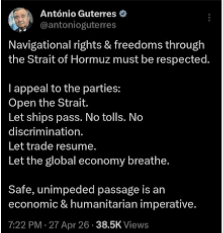 The Strait of Hormuz: “No tolls, no discrimination,” UN chief urges all nations