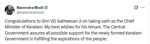Prime Minister congratulates Shri VD Satheesan Ji on taking oath as the Chief Minister of Keralam