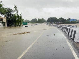 A view of an inundated Kaveri River bridge following heavy rainfall